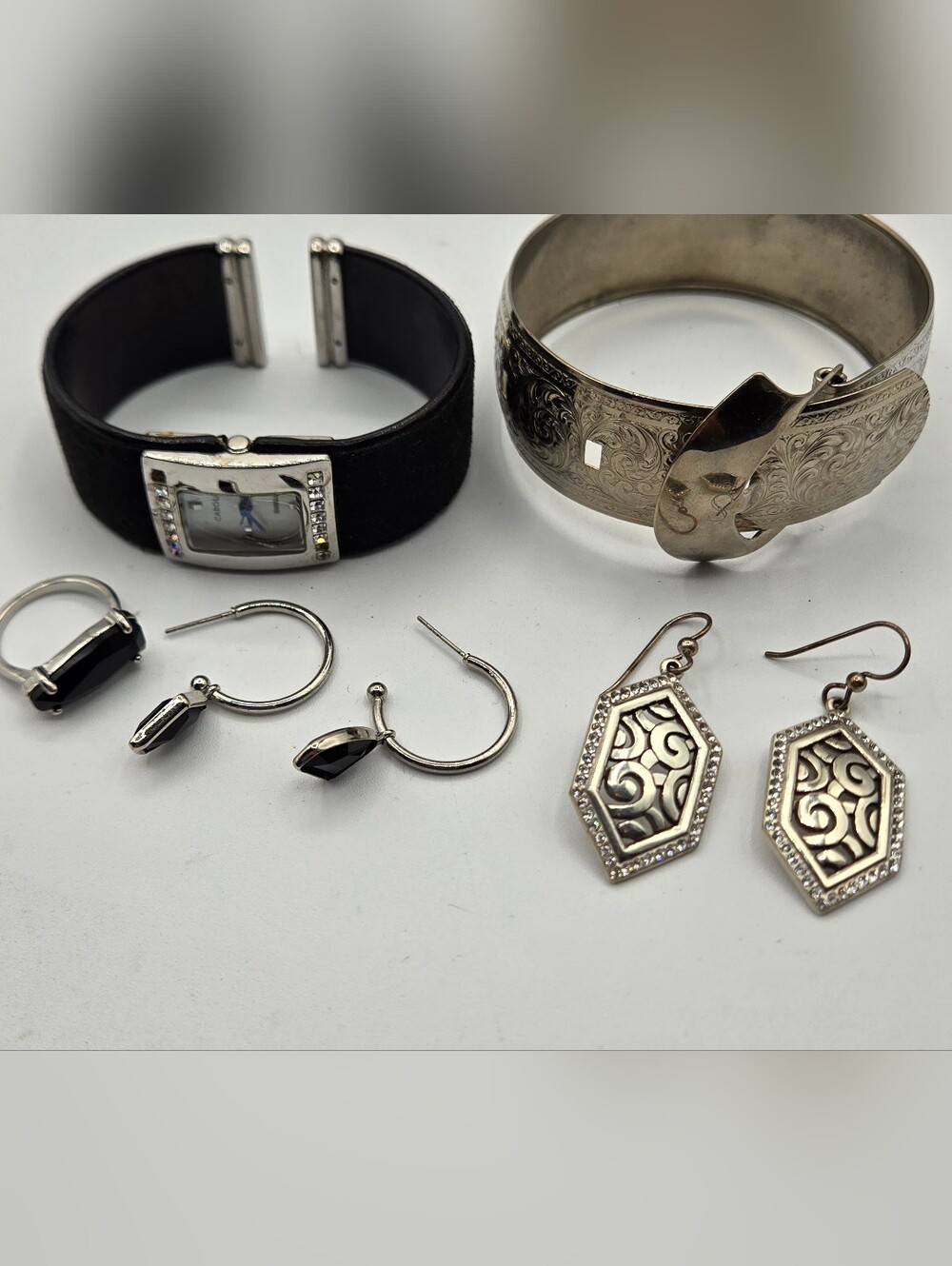 LOT of Vintage Silver Tone Jewelry Carolee Watch Earrings Ring Bracelet Onyx